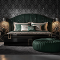 Italy Elegant Luxury King Bed in a designer bedroom with ornate wallpaper with hanging lights above the nightstands and a round ottoman