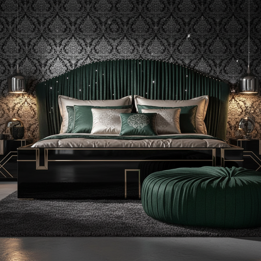 Italy Elegant Luxury King Bed in a designer bedroom with ornate wallpaper with hanging lights above the nightstands and a round ottoman