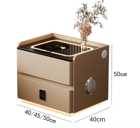 Smart nightstand with wireless charging, LED lighting, and a modern design featuring dimensions and decorative elements.
