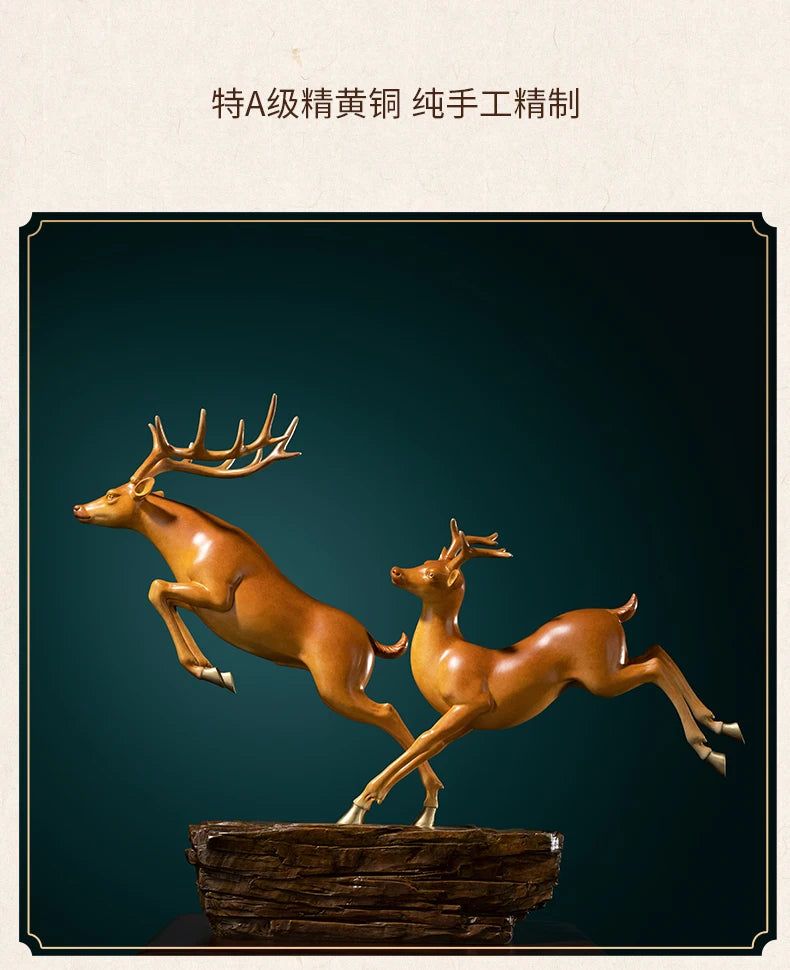Hand-Engraved Brass Fu Lu Shou Deer Sculpture | Limited Edition Auspicious Art