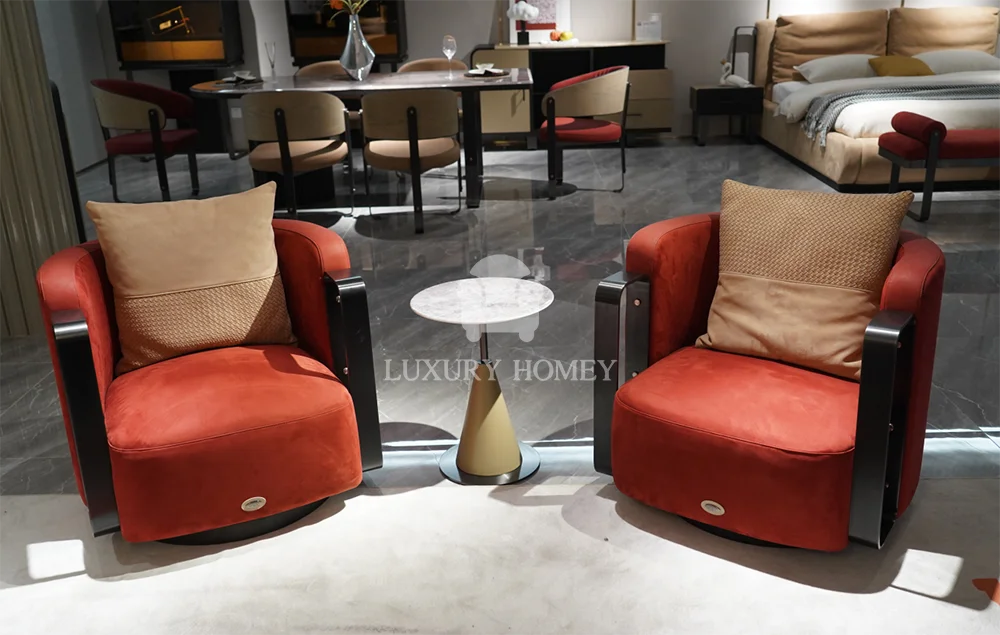 Luxury velvet square sofa bed set with bold red and beige accent chairs, elegant design for opulent living spaces.