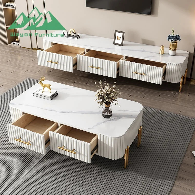 Modern wooden TV stand with storage in a stylish living room setup featuring sleek design and spacious drawers.