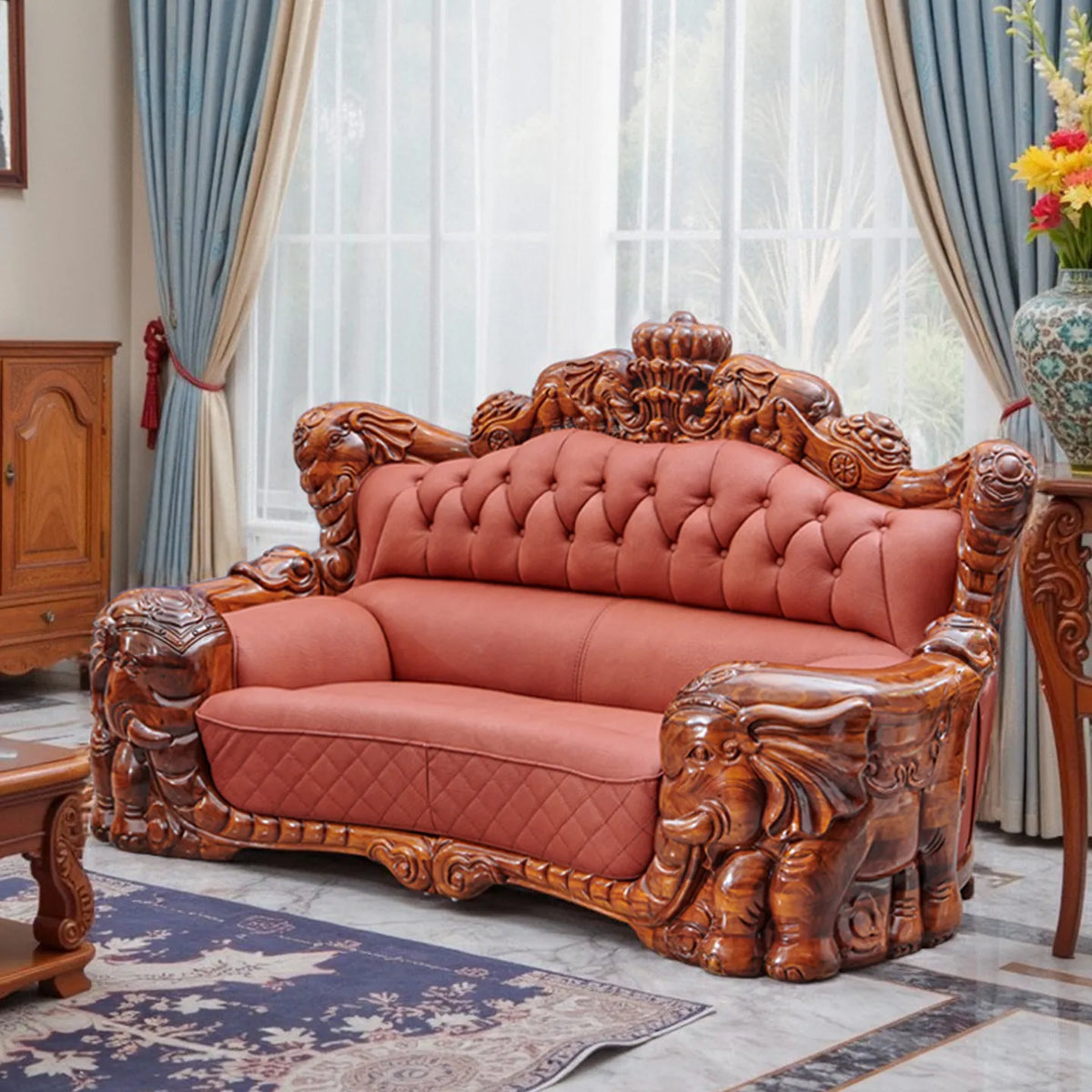 European black gold leather sofa set with intricate wood carving and plush upholstery.