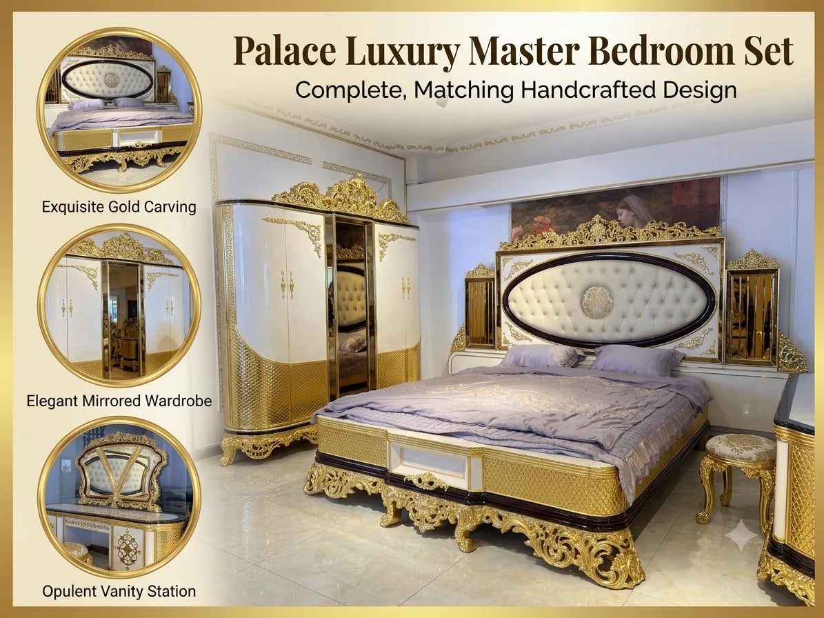 A luxury bedroom furniture set shown in a staged room, featuring an ornate gold and cream bed frame, matching wardrobe, side tables, and decor. The image includes text reading 'Palace Luxury Master Bedroom Set' and three circular inset callouts highlighting exquisite gold carving, elegant mirrored wardrobe, and opulent vanity station.