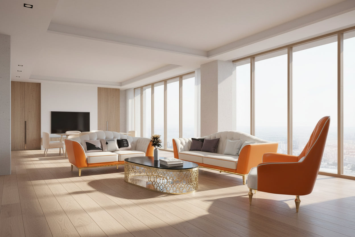 Modern living room featuring a tufted leather modular sofa with orange accents and gold stainless steel legs.