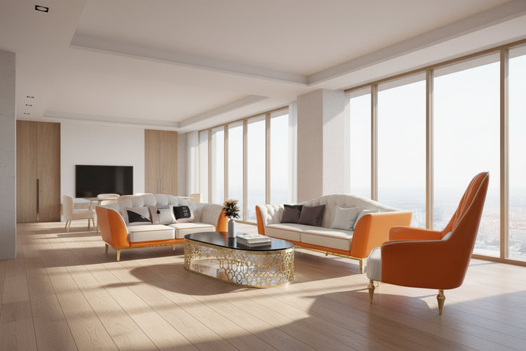 Modern living room furniture set with orange and beige sofas and chair on a white background