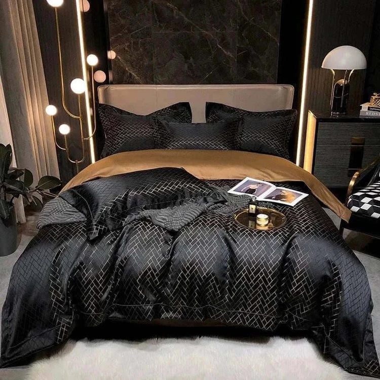 Stylish black gold yarn bedding set on a modern bed, featuring elegant design and comfortable materials.