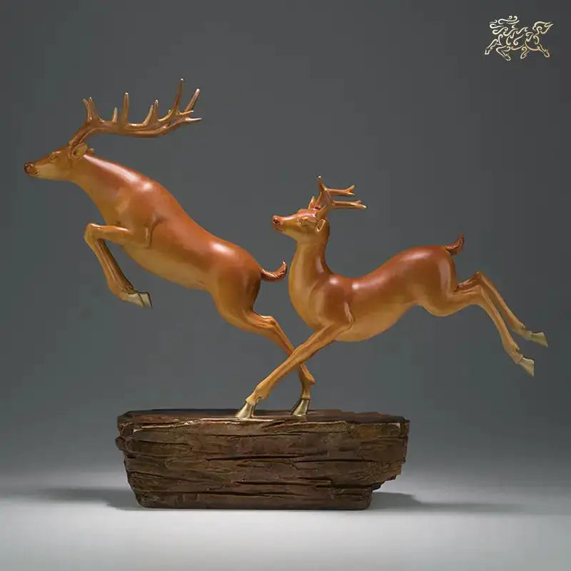 Hand-Engraved Brass Fu Lu Shou Deer Sculpture | Limited Edition Auspicious Art