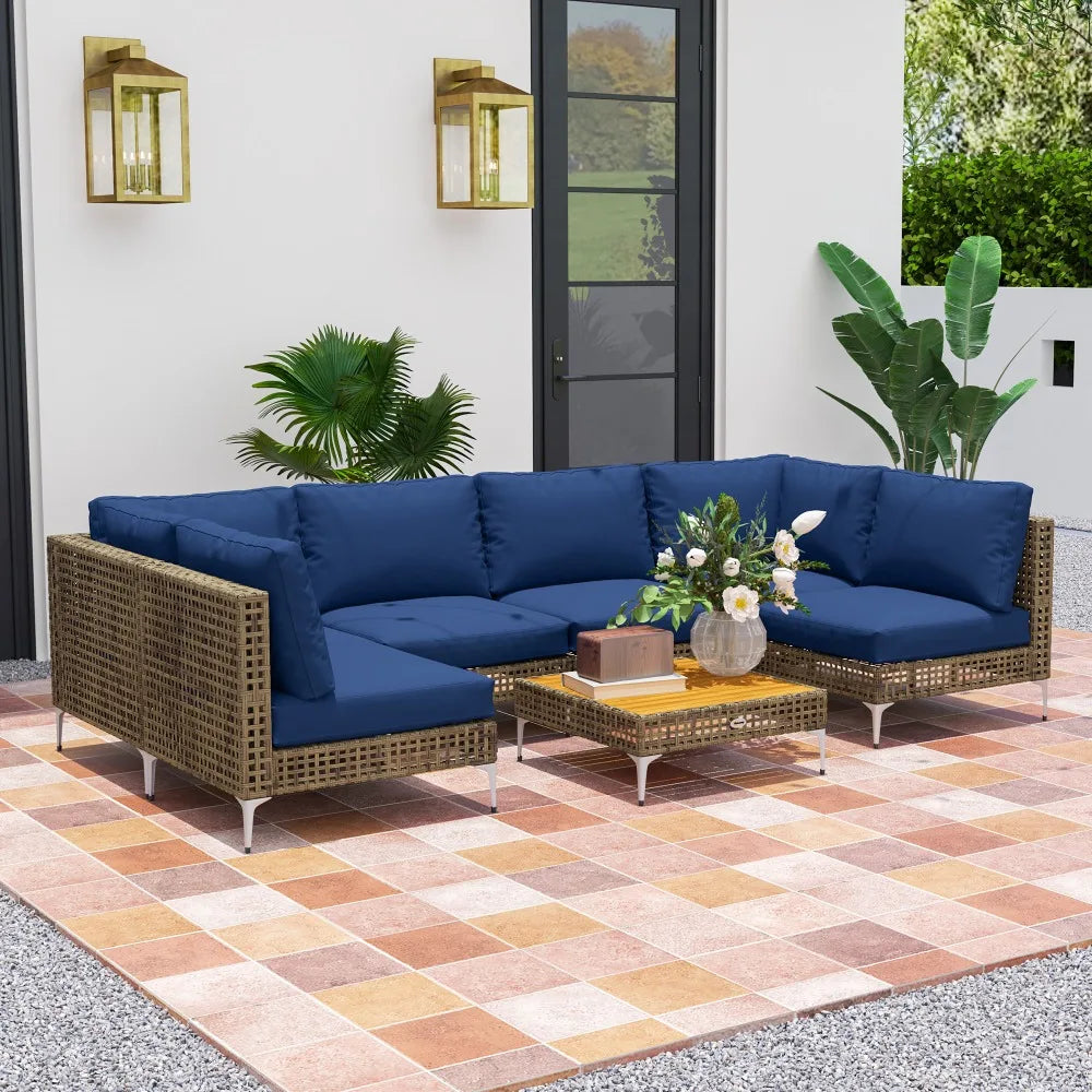 7-Piece Modular Outdoor Sectional Sofa Set | PE Rattan, Acacia Wood Table & Thick Cushions | Blue on patio