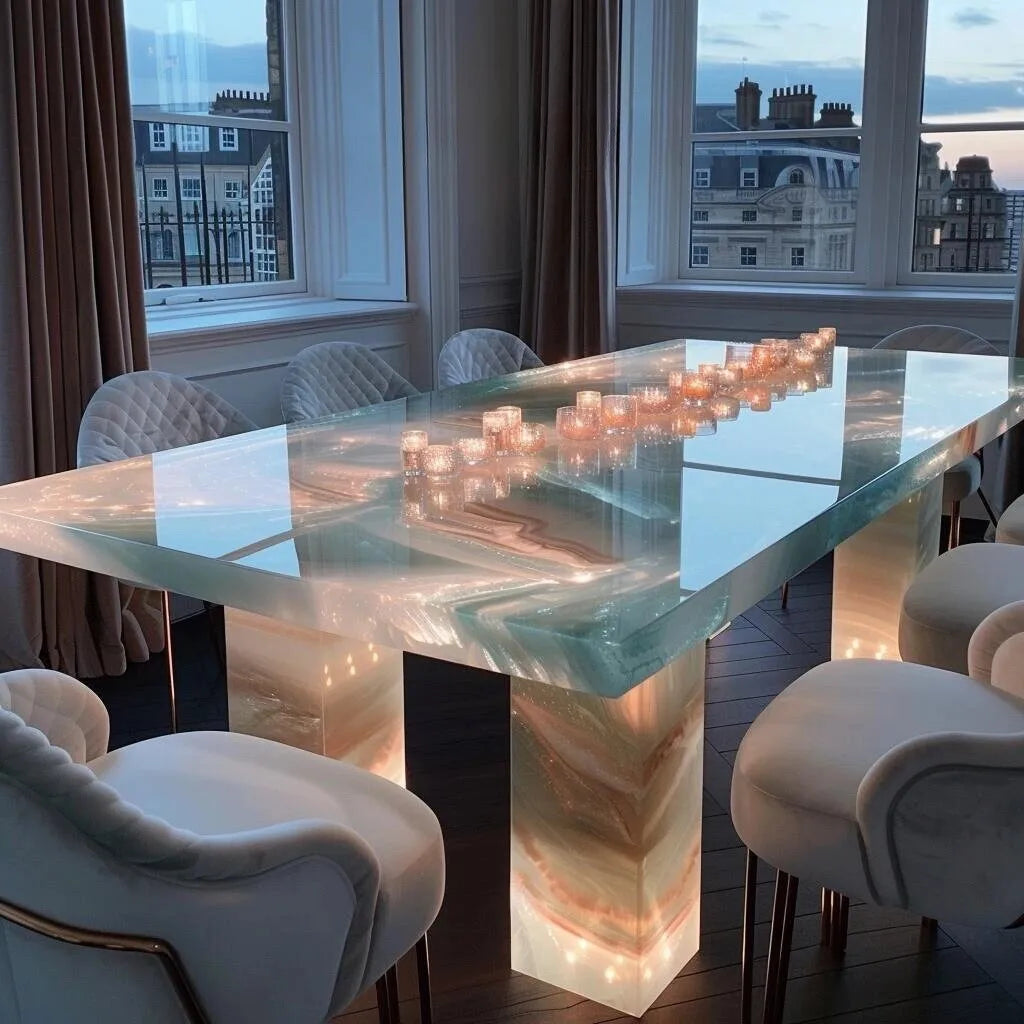 Luminous 8-Seater Dining Table — Natural Stone & Pink Jade Marble Top