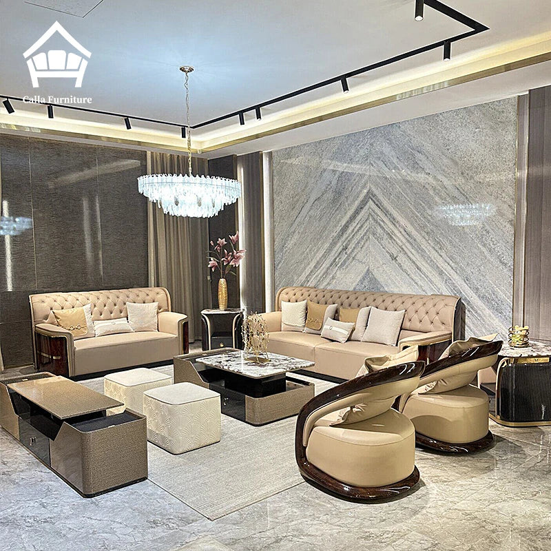 Italian leather tufted sofa set displayed in a luxurious living room with modern decor and elegant lighting.