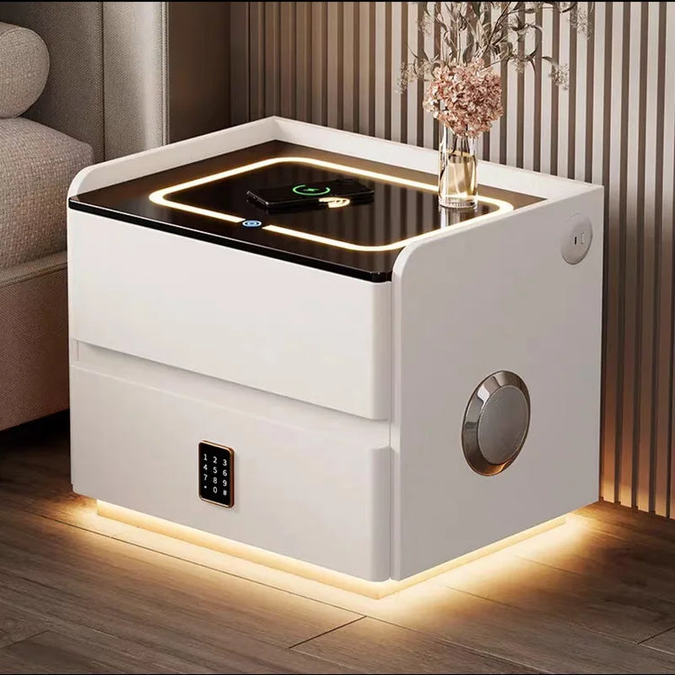 Modern white side table with LED lighting in a living room setting
