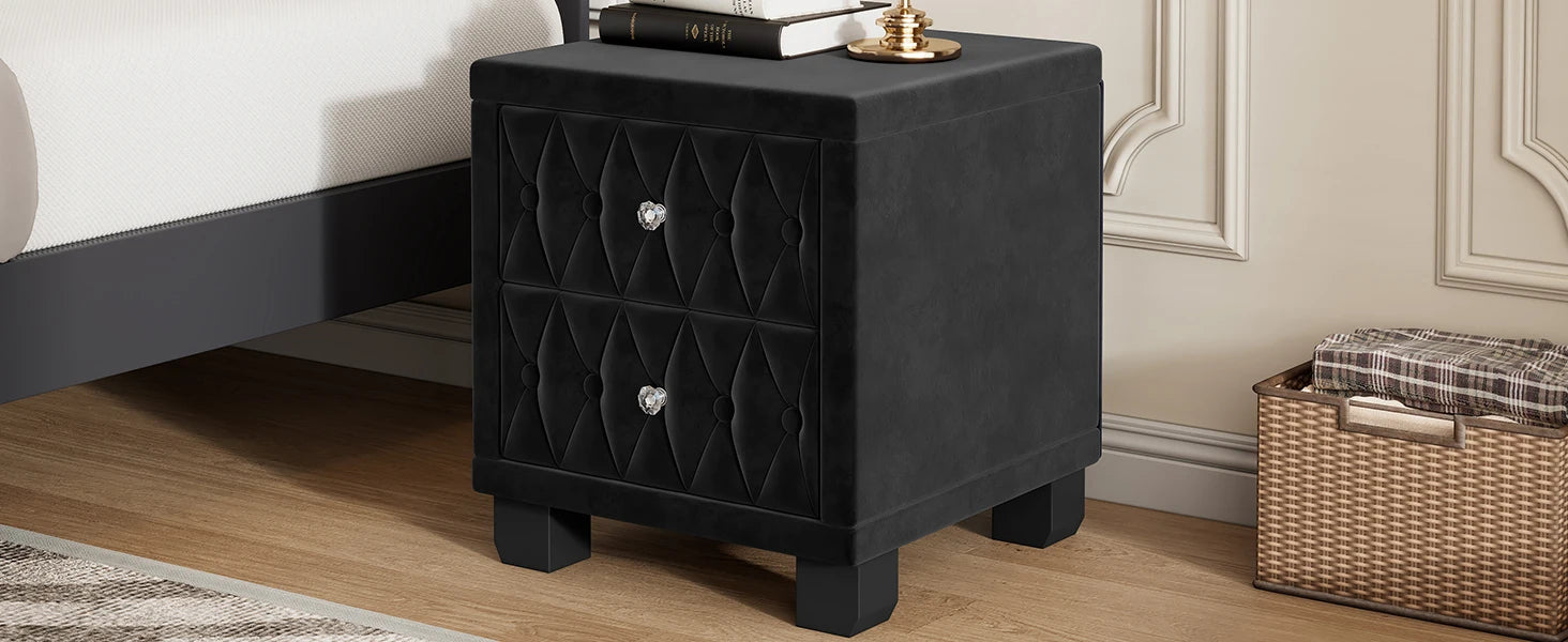 Black nightstand with diamond pattern on a wooden floor