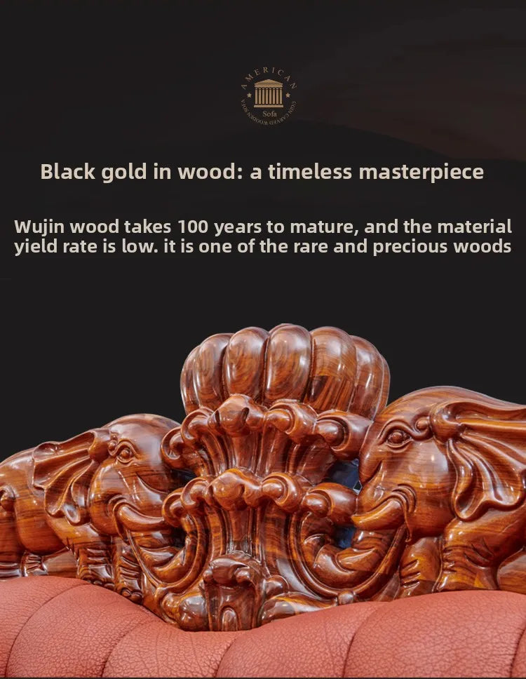 European black gold leather sofa set showcasing intricate wood carving detail and luxurious craftsmanship.