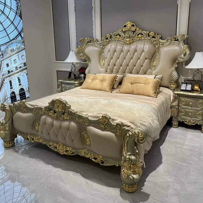 Handmade royal bed solid oak leather with ornate gold finish, luxurious design, and plush bedding in elegant master bedroom setting.