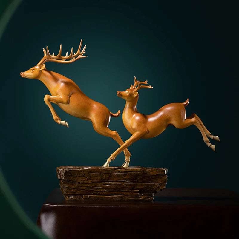 Hand-Engraved Brass Fu Lu Shou Deer Sculpture | Limited Edition Auspicious Art