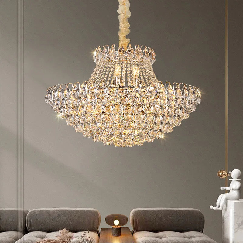 luxury crystal chandelier elegantly illuminating a modern living room with shimmering crystals and sophisticated design.