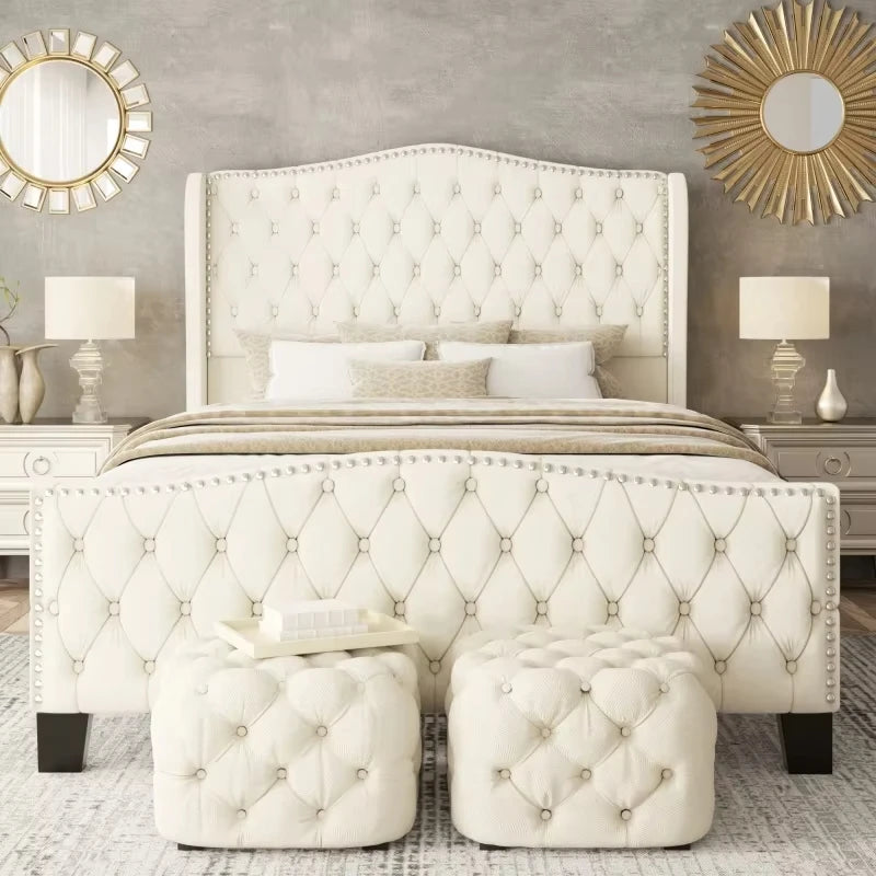 Contract-Grade Tufted Velvet Wingback Bed with silver nailhead trim, beautifully designed for luxury bedrooms.