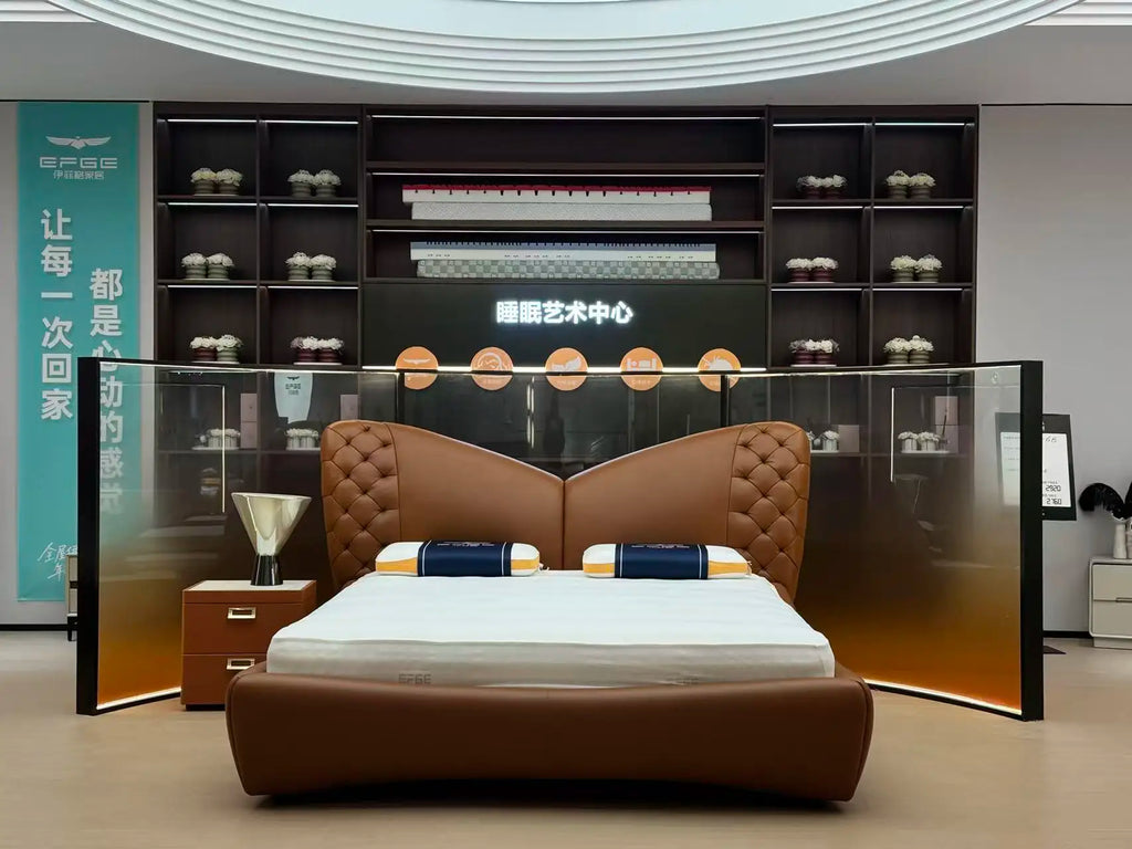 Luxury upholstered storage bed with massage in a modern showroom setting, showcasing cowhide leather design.
