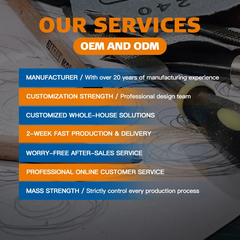 Advertisement for manufacturing services with text and a blurred background of tools.