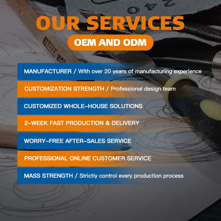 Advertisement for manufacturing services with text and a blurred background of tools.