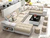 U-Shaped 7-Seater Sectional Sofa in linen fabric with storage and colorful cushions, perfect for spacious living rooms.