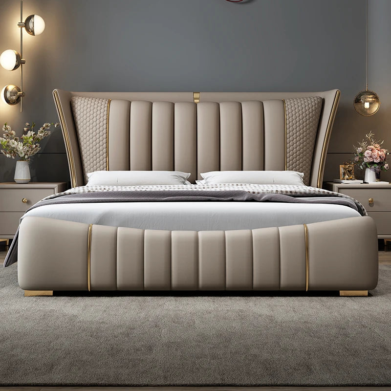 Luxury leather upholstered bed frame in light gray with elegant design and plush headboard, enhancing bedroom luxury.