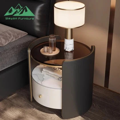 Smart nightstand with fingerprint safe, marble top, wireless charging, and LED lighting.