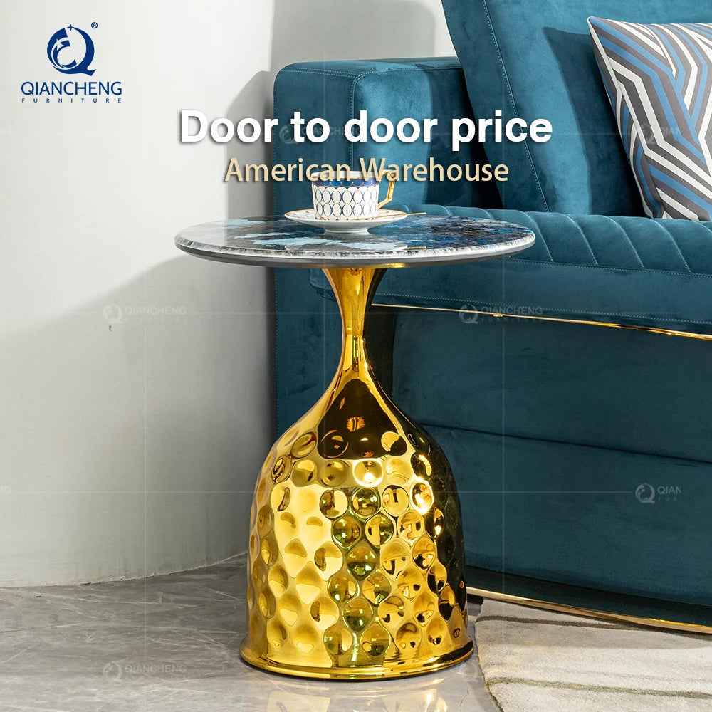 luxury gold marble side table with honeycomb stainless steel base in living room
