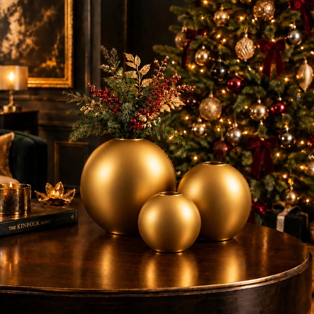Set of 3 gold vases on a table with a Christmas tree and decor in the background 