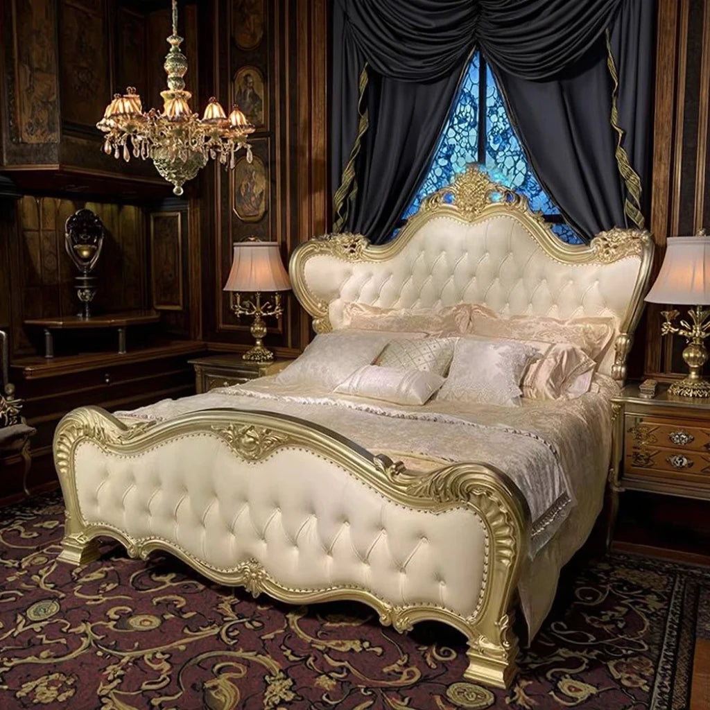 European style solid wood bed with luxurious upholstery and ornate detailing in an elegant bedroom setting.
