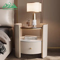 Smart nightstand with fingerprint safe featuring marble top, lamp, and 3 drawers in modern design.
