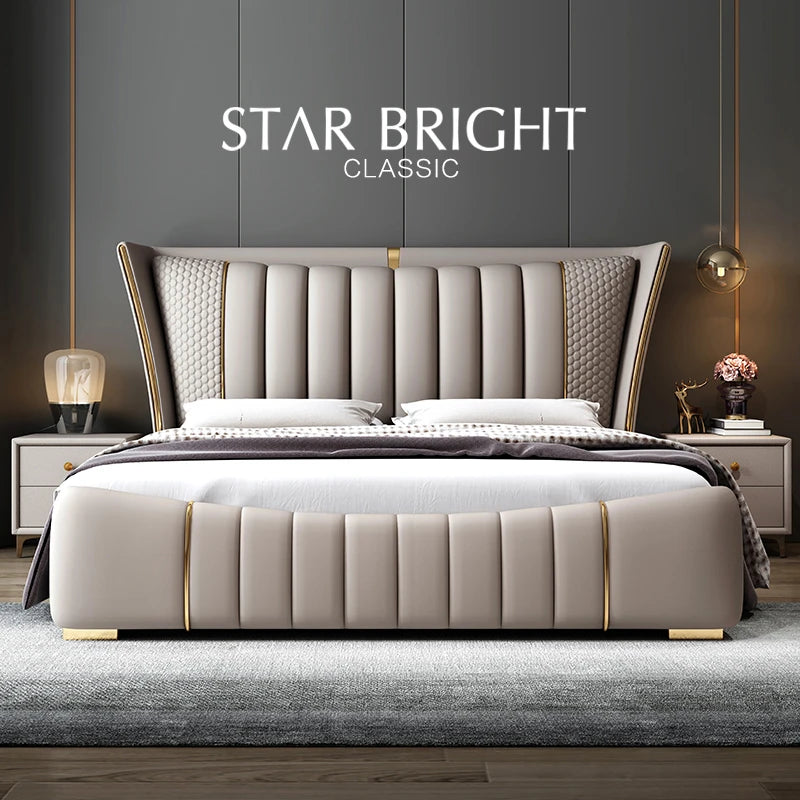 Luxury leather upholstered bed frame with modern design and elegant accents in light gray.