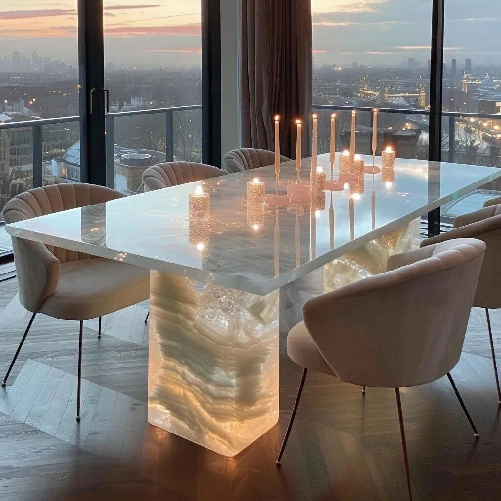 Luminous 8-Seater Dining Table — Natural Stone & Pink Jade Marble Top