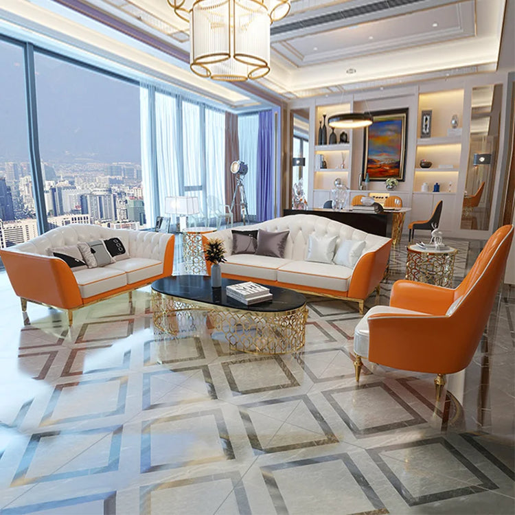 Modern living room with orange and white furniture, large windows, and cityscape view.