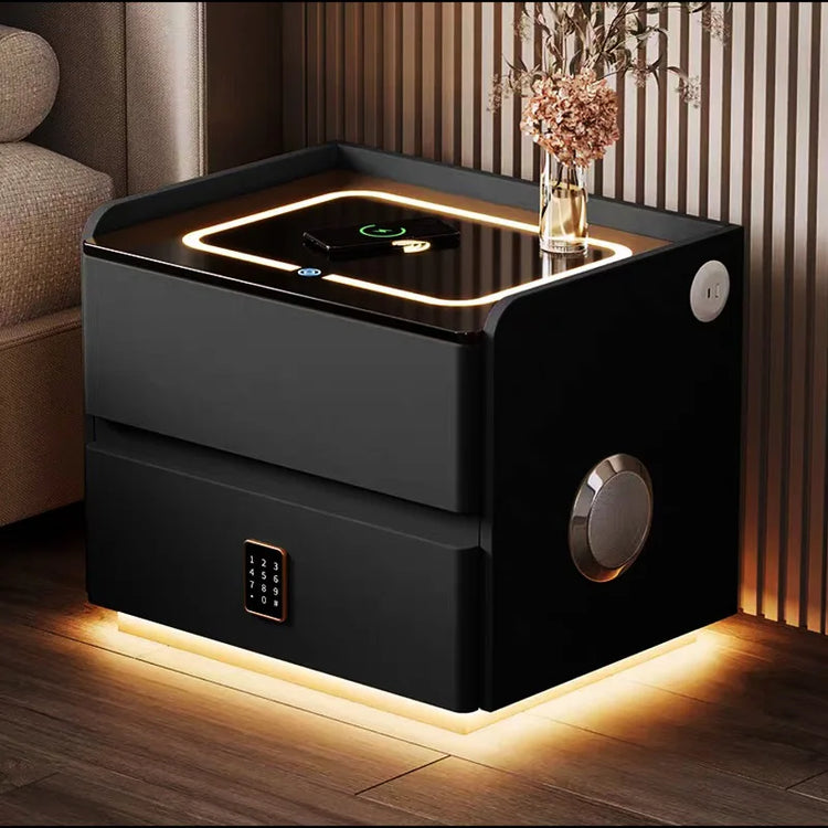 Modern black nightstand with LED lighting in a room setting