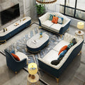 Tufted leather modular sofa set with gold stainless steel legs in a modern living room, available in buff, brown, and orange.