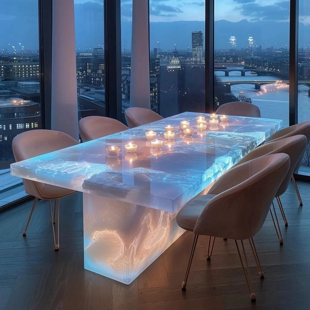 Luminous 8-Seater Dining Table — Natural Stone & Pink Jade Marble Top