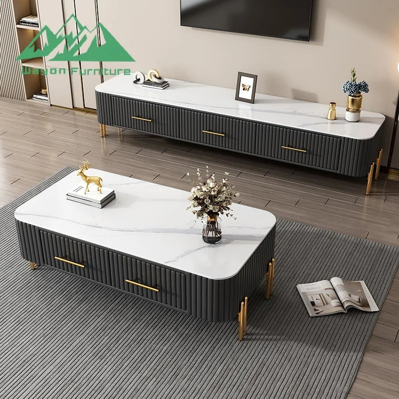 Modern wooden TV stand with storage in sleek grey and white design, featuring spacious drawers and minimalist style.