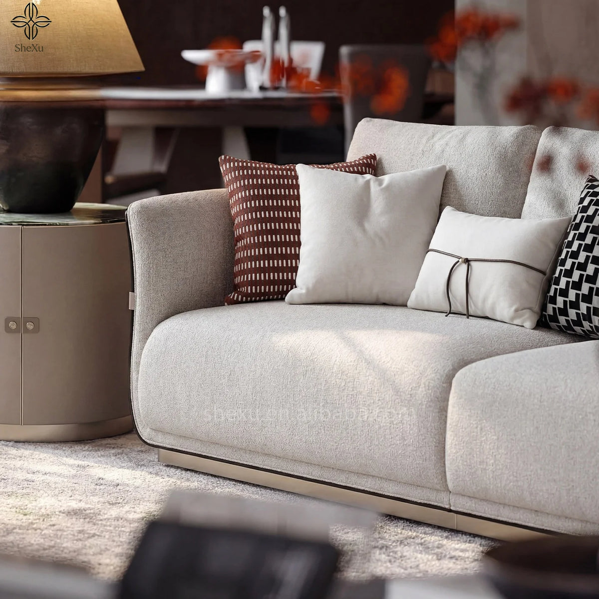 Luxurious fabric sofa set for villa with decorative pillows in elegant living room setting.