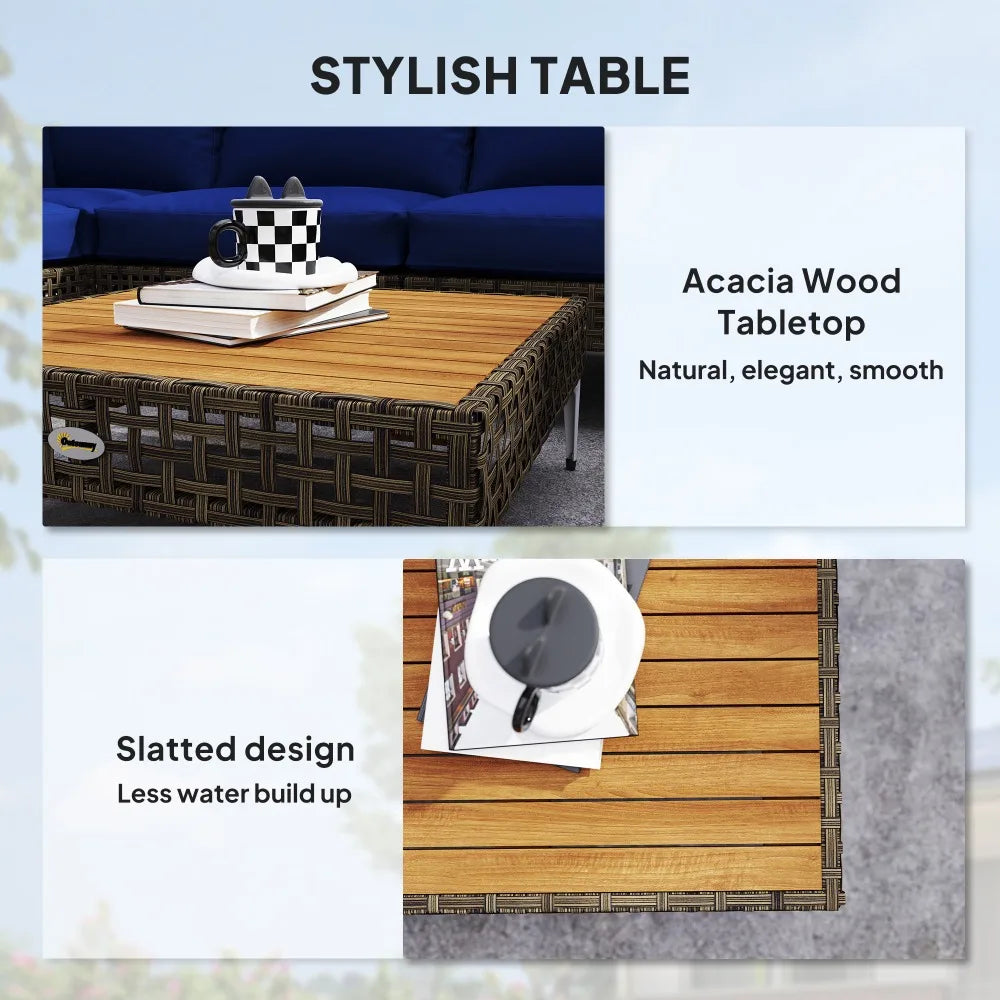 7-Piece Modular Outdoor Sectional Sofa Set | PE Rattan, Acacia Wood Table & Thick Cushions | Blue - Stylish table details.