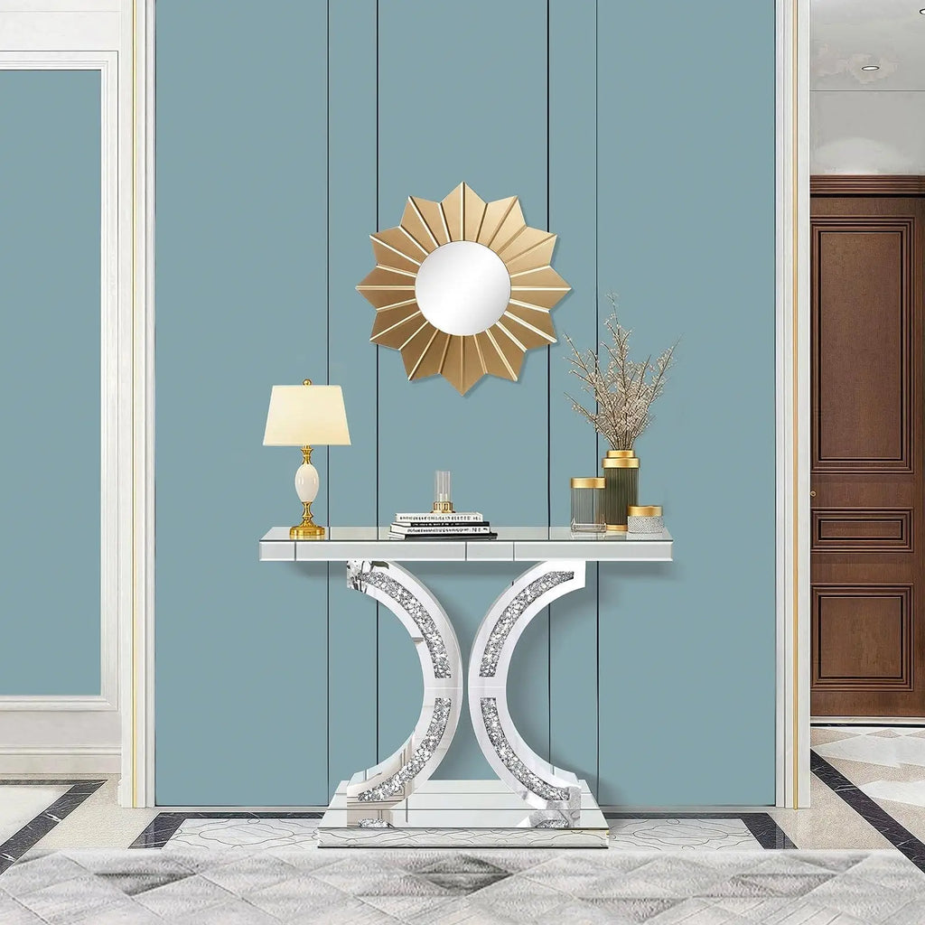 Silver mirrored console table with diamond-crushed glass in a stylish hallway setting.
