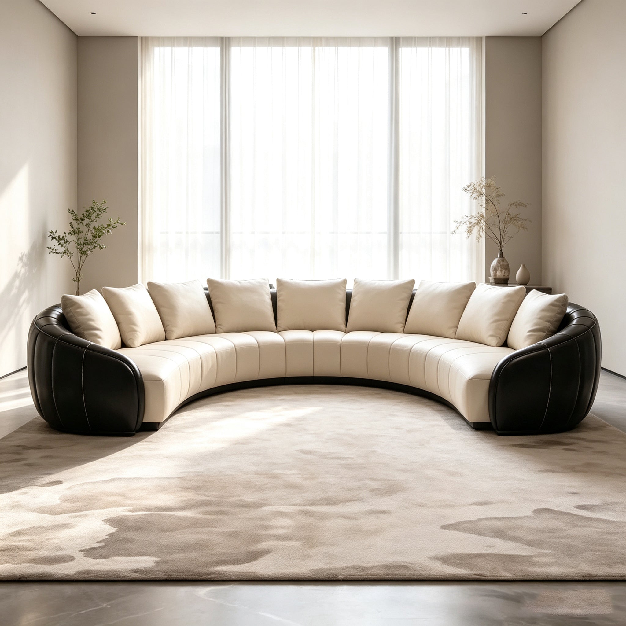 A modern curved sectional sofa with cream tufted cushions and black leather arms, placed on a large beige rug in a bright minimalist room with tall windows and sheer curtains.