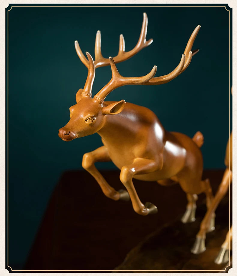 Hand-Engraved Brass Fu Lu Shou Deer Sculpture | Limited Edition Auspicious Art