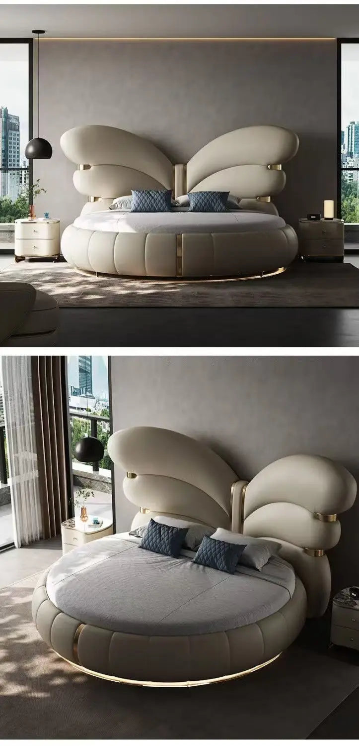 Italian butterfly round bed in genuine leather with soft silhouette, perfect for master bedrooms and luxury hotels.