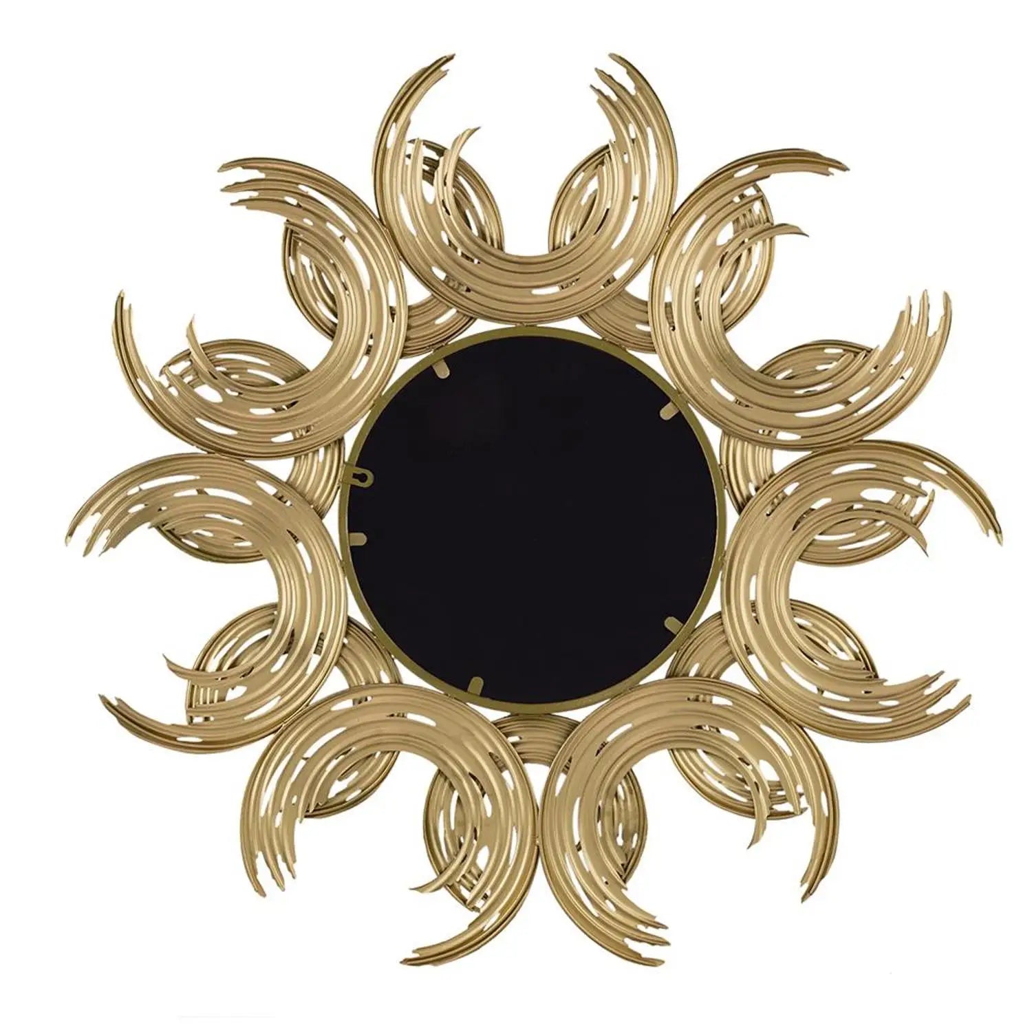 Decorative wall mirror with gold, crescent moon-like design on a white background
