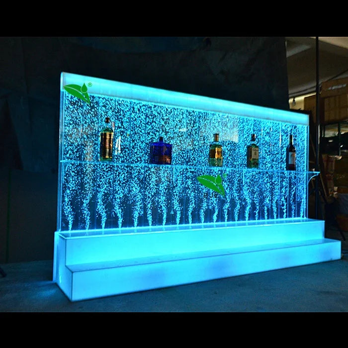 Acrylic water bubble bar cabinet with illuminated bubbles and three shelves displaying bottles.