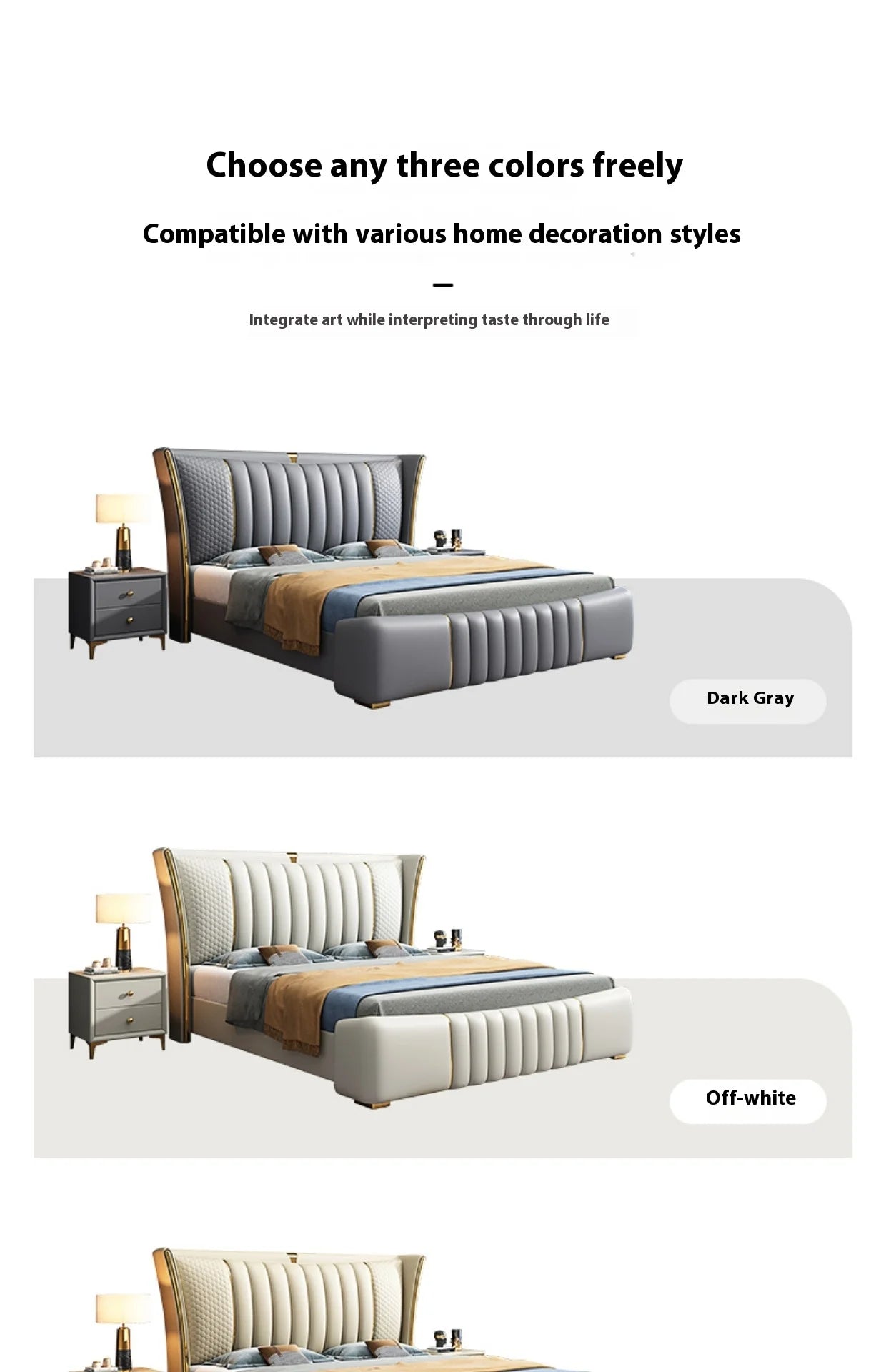 Luxury leather upholstered bed frame in dark gray and off-white options showcasing modern design.