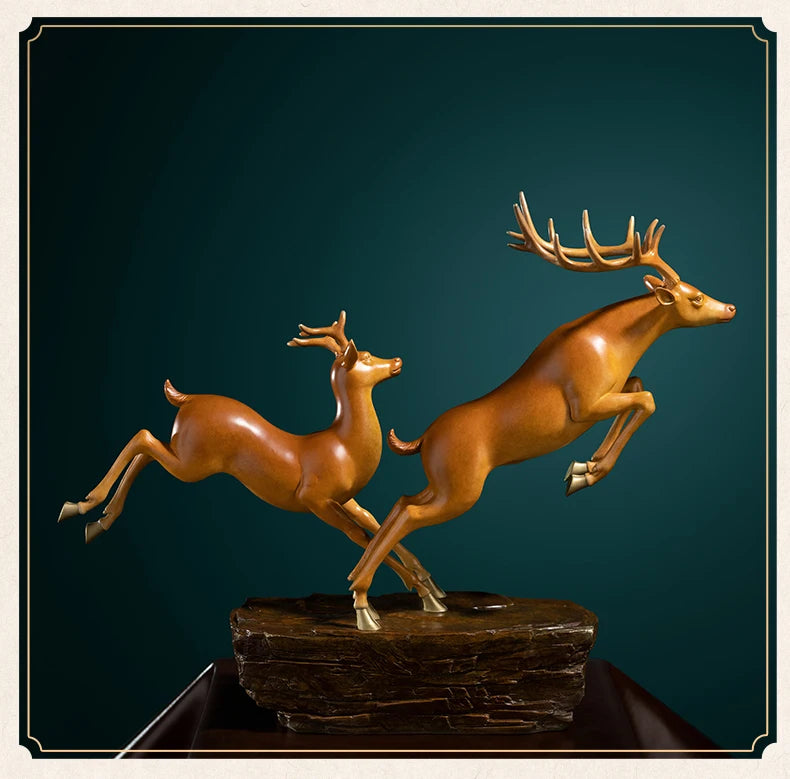 Hand-Engraved Brass Fu Lu Shou Deer Sculpture | Limited Edition Auspicious Art