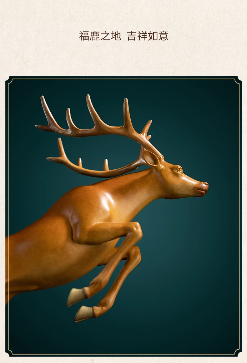 Hand-Engraved Brass Fu Lu Shou Deer Sculpture | Limited Edition Auspicious Art